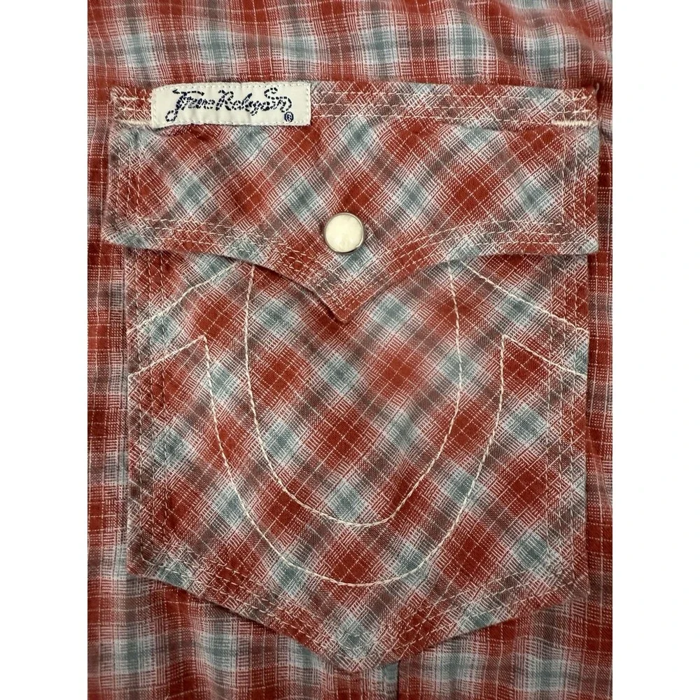 True Religion Short Sleeve Rocky Western Shirt Mens XXL Red Plaid Pearl Snap
